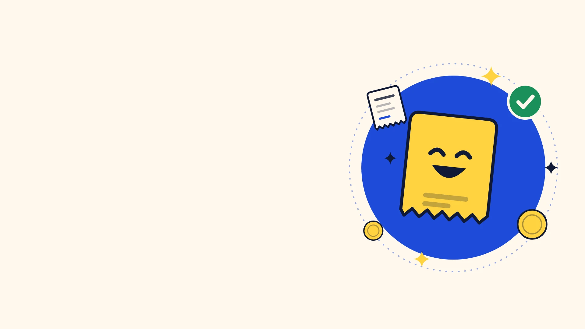 El ticket amarillo de Facu sonríe junto a un comprobante y una marca de verificación sobre un círculo azul